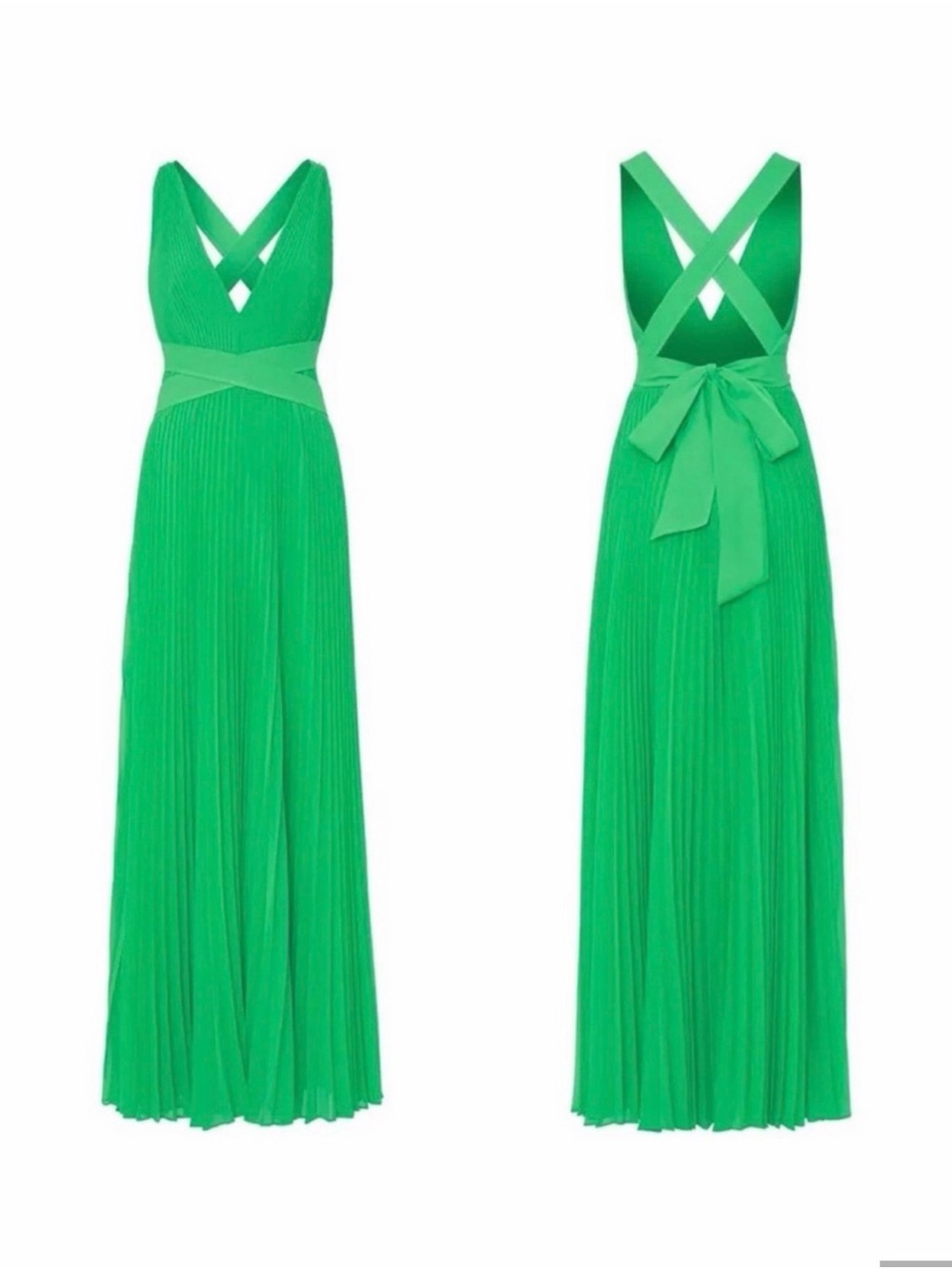Milly Orea Green Pleated V-Neck Maxi Dress with Cross-Back Tie